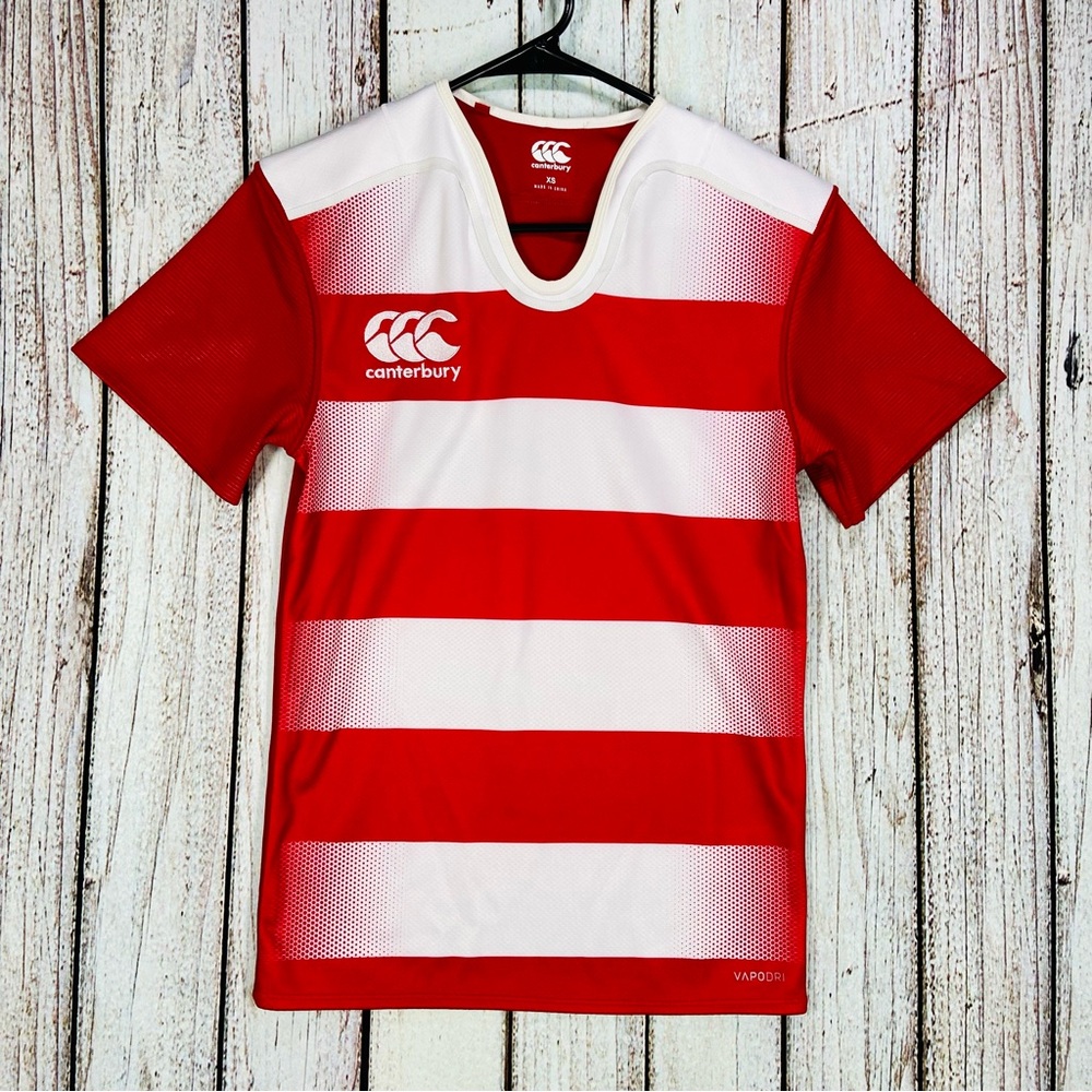 Canterbury Jersey Mens Size XS Red White Striped Embroidered Rugby Vapodri